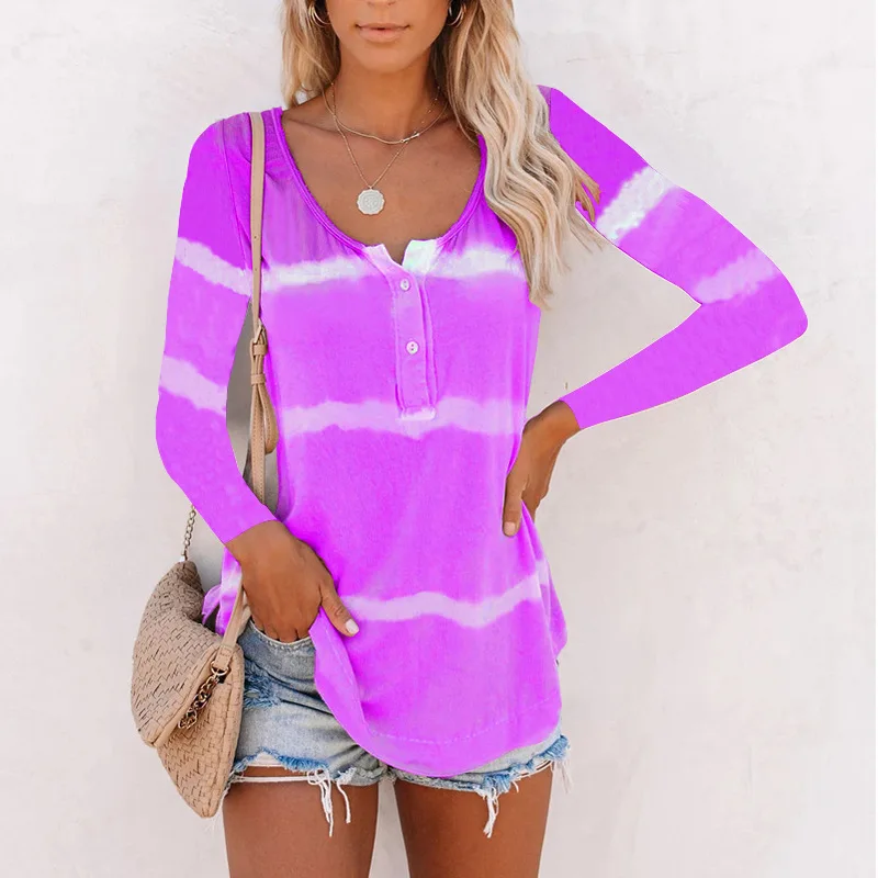 

Women's T-shirts Clothing Female V Neck Long Sleeve Top Vintage Polyester Printed Sexy Woman Tshirts with Button