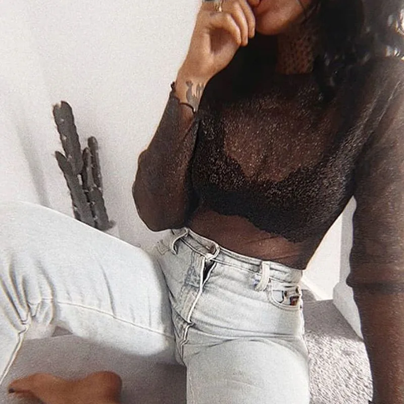 Лидер продаж Женская пикантная сетчатая рубашка с длинными рукавами топ оборками в пупок Клубная одежда для