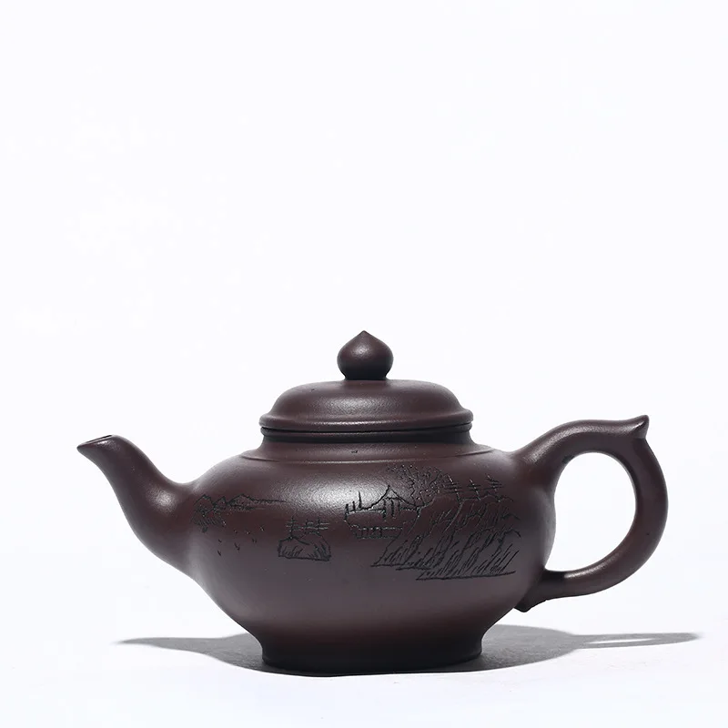 

Yixing Dark-red Enameled Pottery Teapot Raw Ore Purple Clay Engraved Smile Cherry Pot Kung Fu Tea Have Online Store