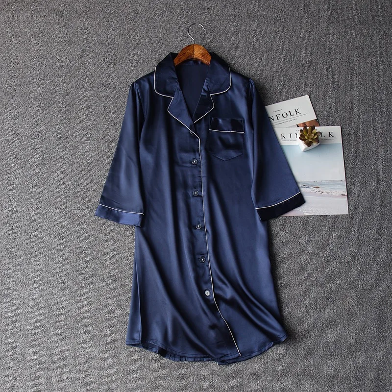 

Home Clothes Exquisite Button Casual Satin Nightwear Solid color For Female Nightshirt Sleepwear