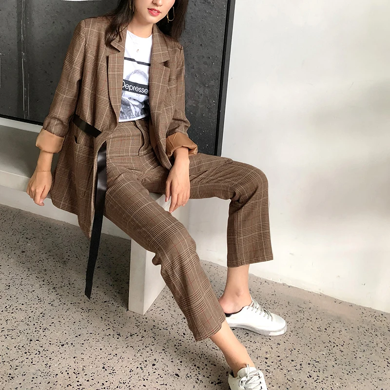 Женский клетчатый Блейзер комплект из 2 предметов модные брюки костюмы пиджак и