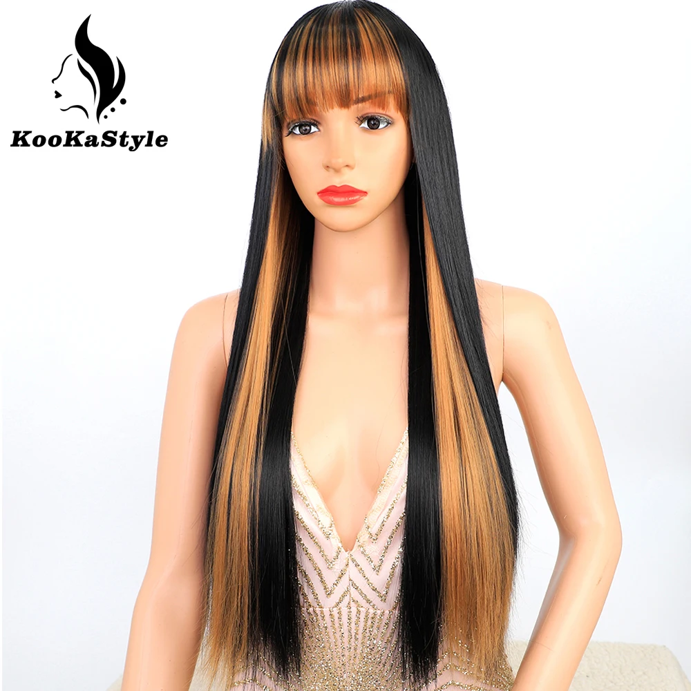 

Синтетические парики KookaStyle для чернокожих женщин, Длинные прямые Косплей-парики с челкой, черные смешанные коричневые синтетические парик...