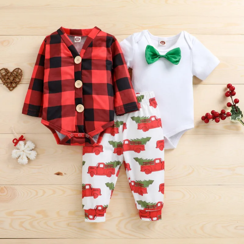 

Одежда для маленьких мальчиков из трех предметов г. Рождественский комбинезон в клетку с длинным рукавом, комбинезон с бантом и короткими р...