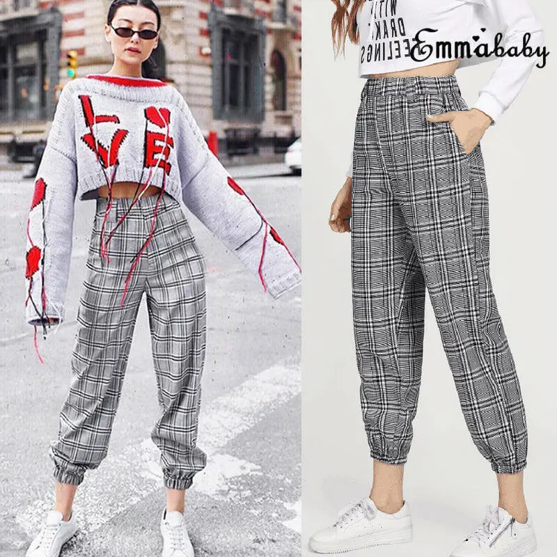 

Goocheer Vintage Paid Patchwork Pants Harajuku Woman Trousers Elastics High Waist Pants Korean Causal Straight Pants