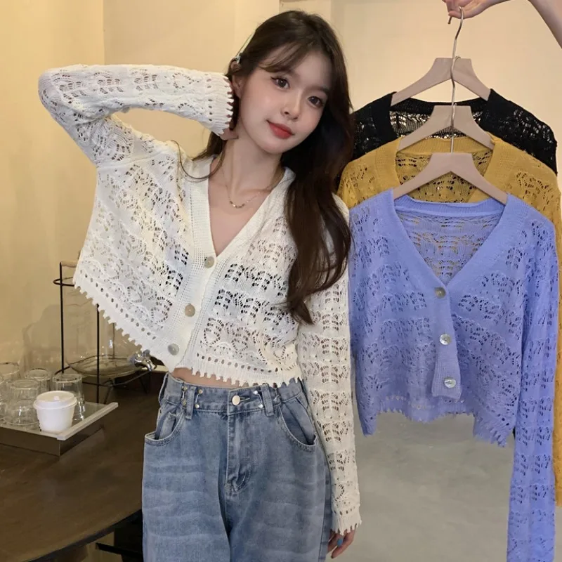

Kimotimo Cardigan Crop Top Fall 2021 Women V-neck Hollow Out Design Thin Sweater Korean Ins All-match Long-sleeved Cardigans