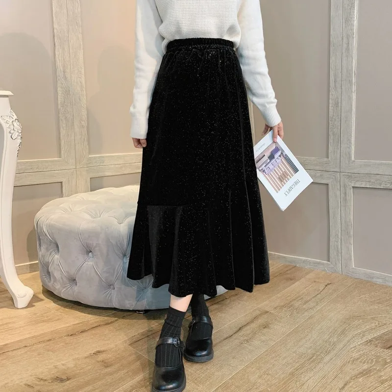 

2021 New Starry Sky Sequined Gold Velvet High Waist Slimming Simple Black Fishtail Skirt Casual Solid Color Female Long Skirt