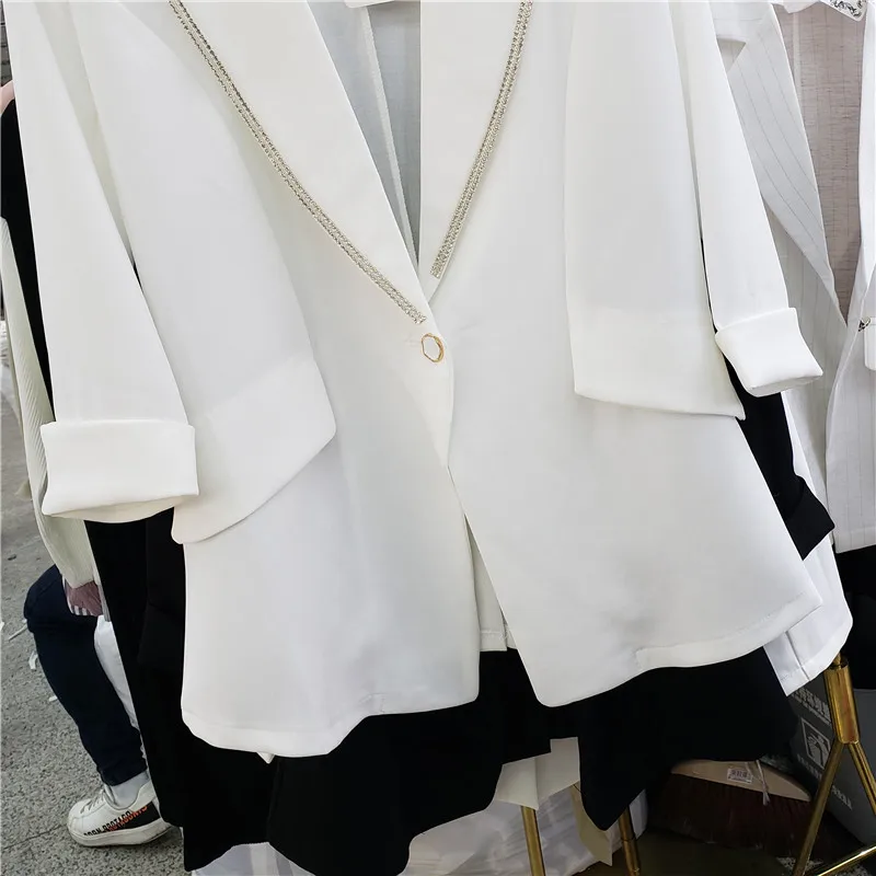 

Thin Single-Button Suit Coat Ladies 2021 Spring and Summer New Rhinestone Edge 3/4 Sleeve Slim-Fitting Blazer Women White