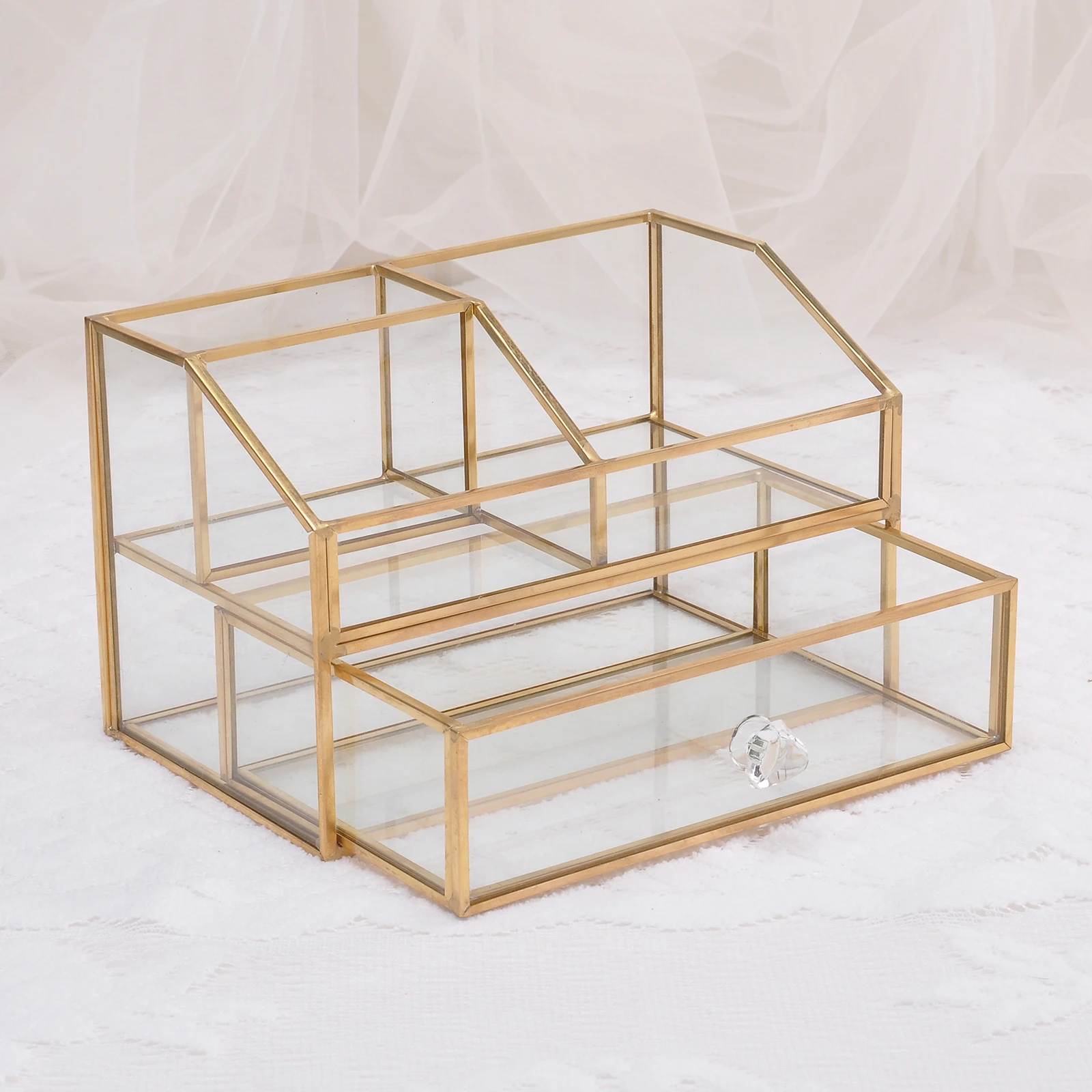 Cosmetics Display Box Jewelry Case Holder Clear Glass Tiered Organizer Makeup Tools Storage Container Holder Decorative Box