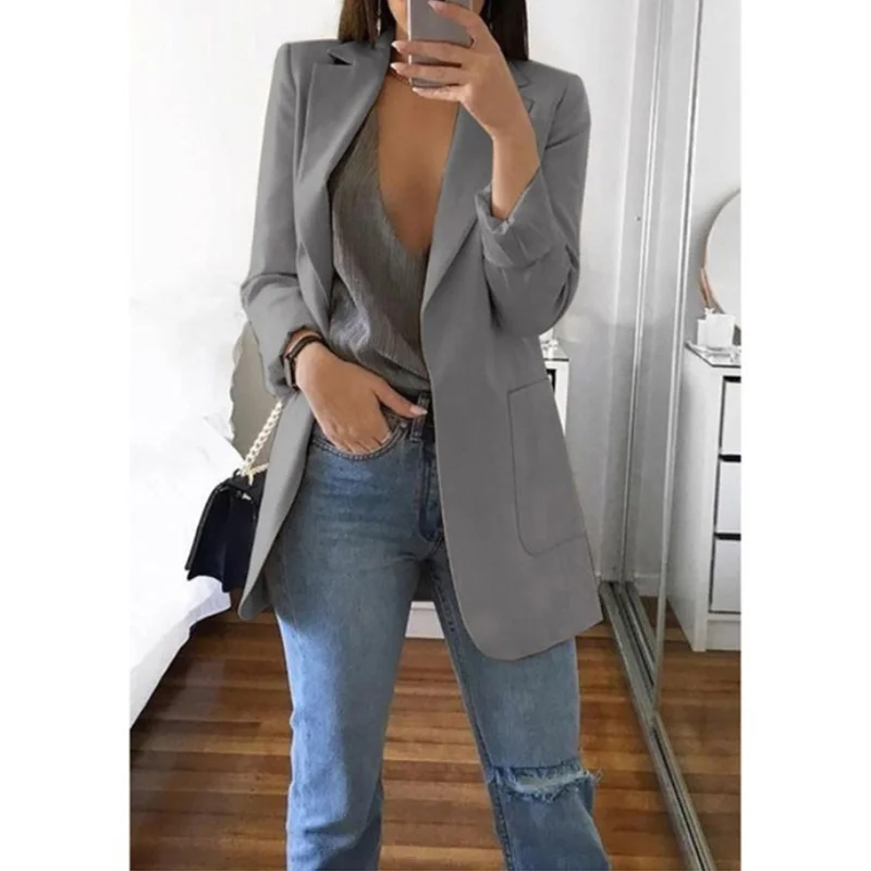 Однотонные женские куртки и пальто 5XL размера плюс, Осеннее болеро с длинным рукавом и отложным воротником, женские куртки с карманами - Цвет: Серый