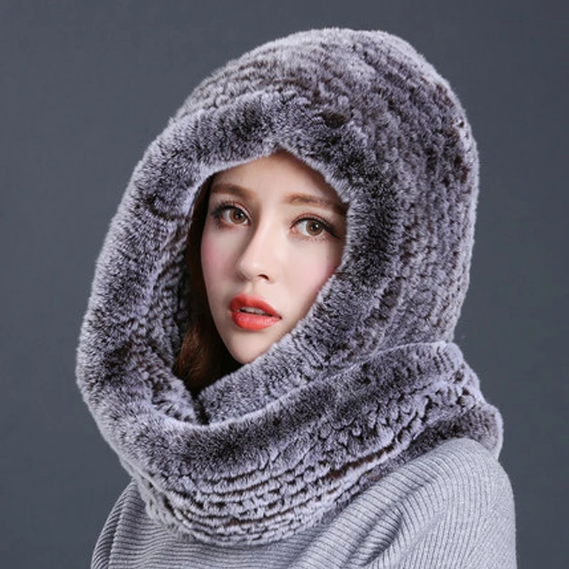 QUEENAWEET шаль из натурального меха Вязаное пончо кроличьего с капюшоном вязаный