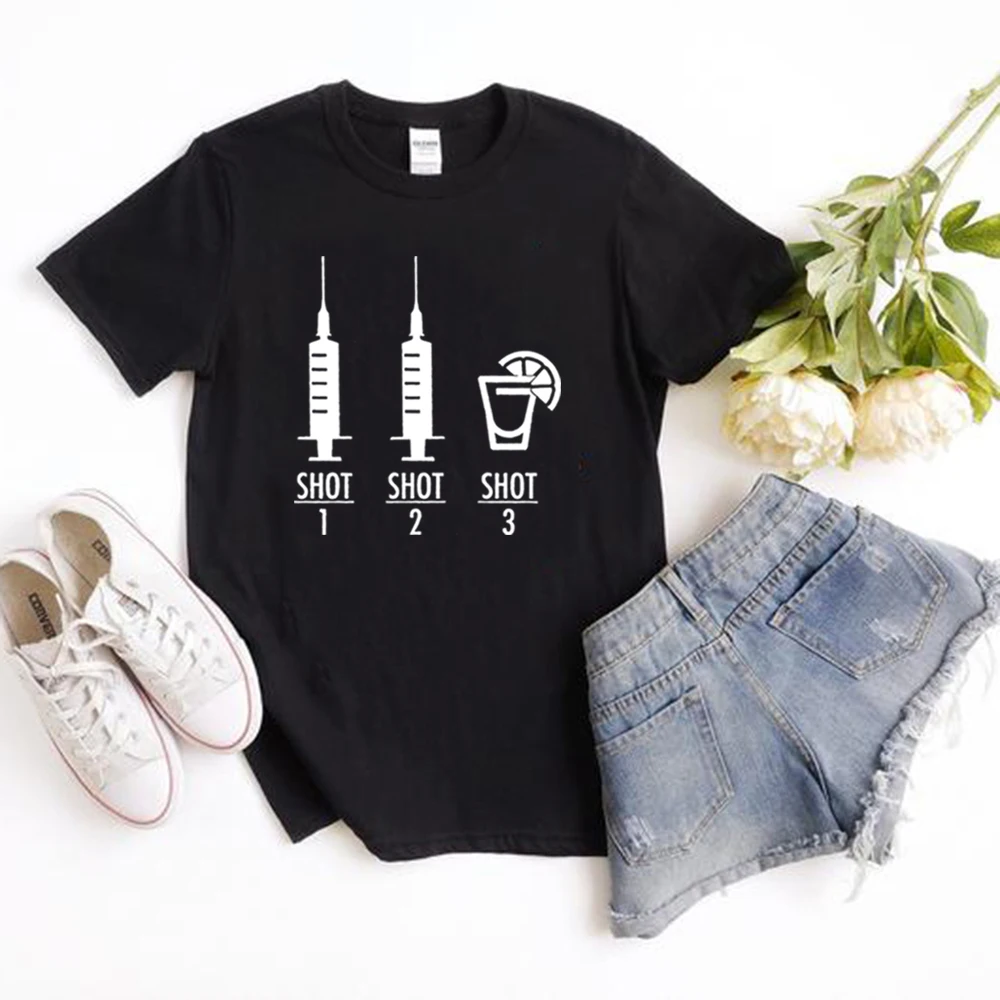 

Shot 1 Shot 2 Shot 3 Tee Unisex Vaccinated T Shirt Quarantined Shirt Women Fashion Short Sleeve Casual Harajuku Graphic Tees