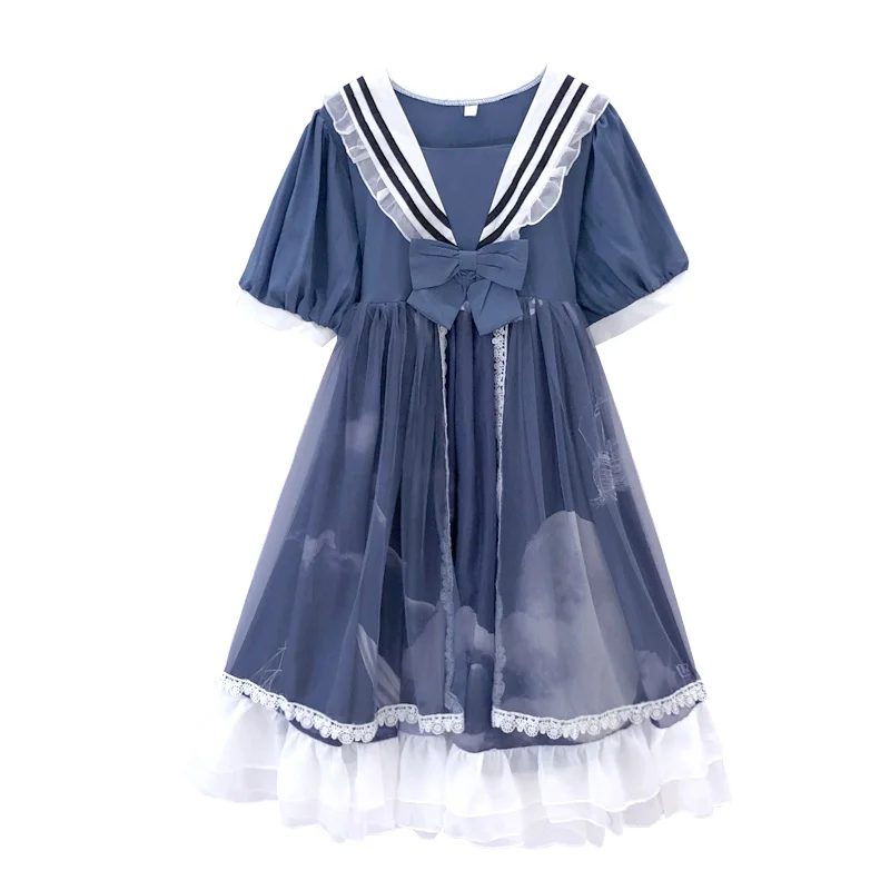 

Japanese College Harajuku Chic Women Dress Casual Party A Line Doll Collar Blue Black Summer Autumn Dress 2020 Female Vestidos