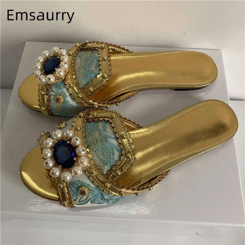 

Embroidery Flower Satin Flat Slippers Woman Sexy Open Toe Beading Pearl Rhinestone Crystal Slip-on Lazyman Mules