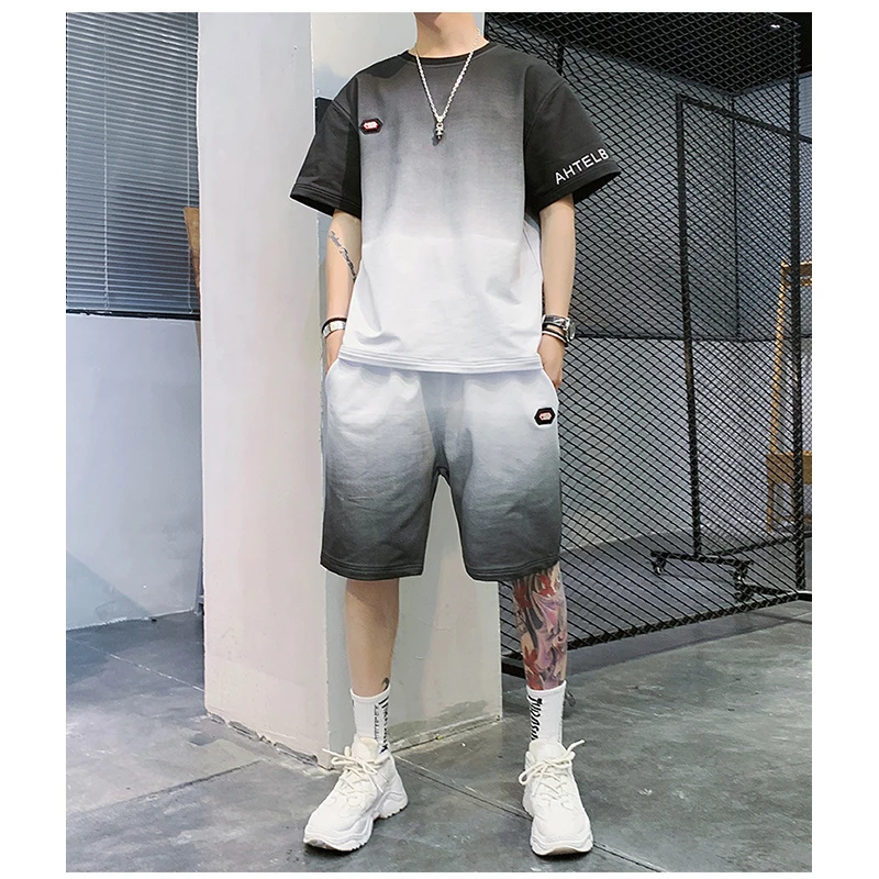 

2021 New 3D Gradient Men's Tracksuit Summer Clothes Sportswear Two Piece Set T Shirt Shorts Brand Track Clothing Male Sports Set