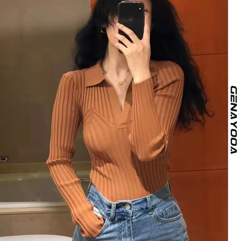 

Женская облегающая трикотажная футболка Genayooa, топ с отложным воротником и длинным рукавом в Корейском стиле, Винтажная футболка в стиле Хар...