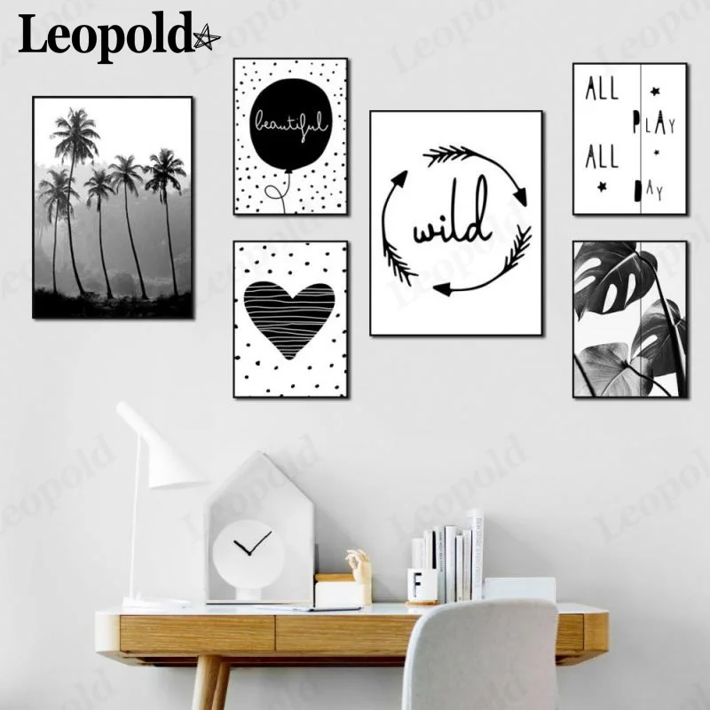 

Nordic Minimalist Heart-Shaped Canvas Poster Black and White Feather Leaf Painting Wall Art Modern Room Home Decoration