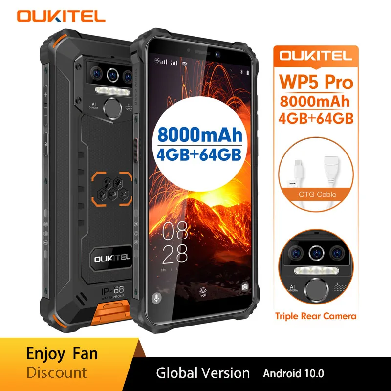 

OUKITEL WP5 Pro Rugged Smartphone IP68 4GB 64GB 8000mAh 5.5"HD+ Octa Core Android10 Mobile Phone 13MP Triple Camera Cell Phone