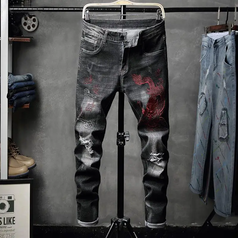 

New Arrivals Men's Vintage Embroidered Stretch Jeans Slim Fit Denim Pants Biker Trousers