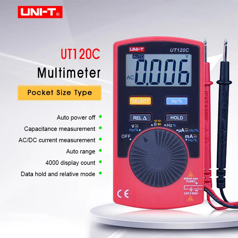 

Mini Digital Multimeter UT120C AC DC Voltage Current Capacitance frequency Resistance Tester Diode test Auto Range Data Hold