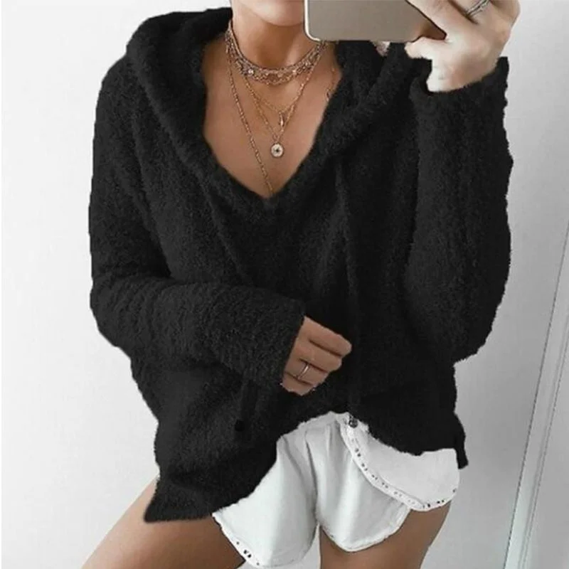 

Новый женский зимний модный однотонный пушистый Свободный кардиган пуловер с длинным рукавом свободный свитер с капюшоном с манжетами большого размера