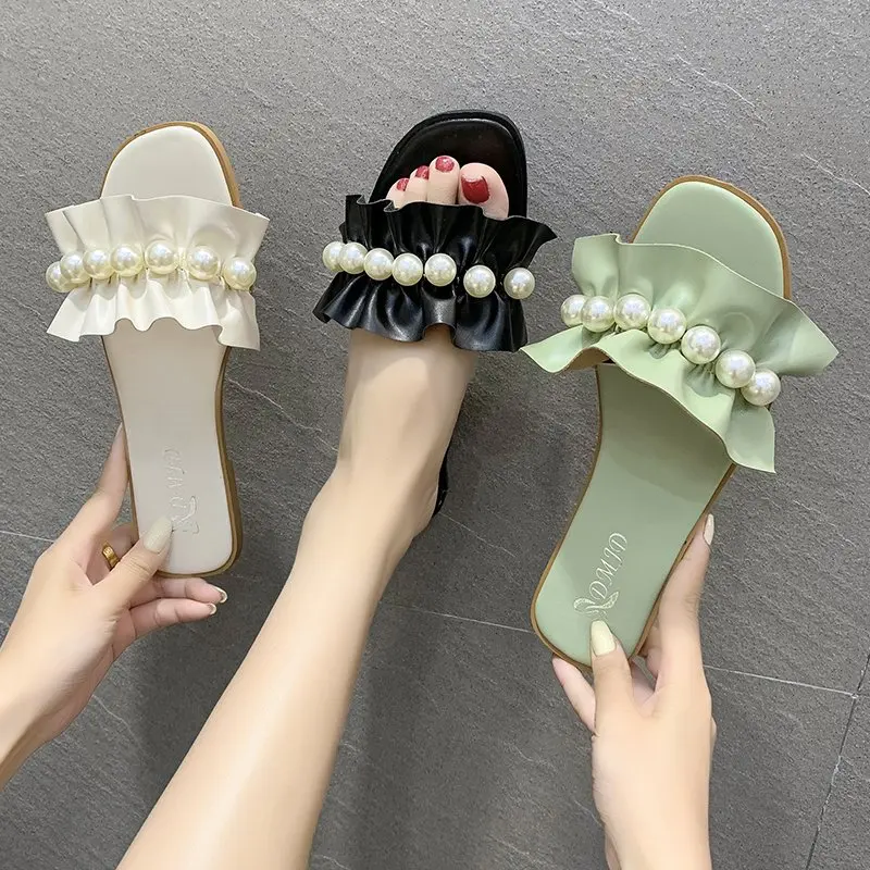 

Slippers Women Summer Slides Flat Shoes Female Butterfly-Knot String Bead Fashion Pantofle Low Beach Luxury 2021 Butterfly-knot