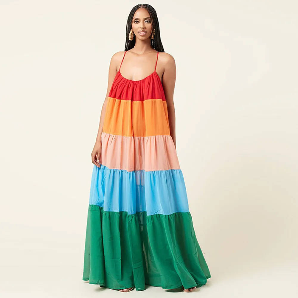 

Color Block Striped Print Bohemian Long Dress Women Casual Spaghetti Strap Backless Beach Dresses Summer Loose Pleated Vestido
