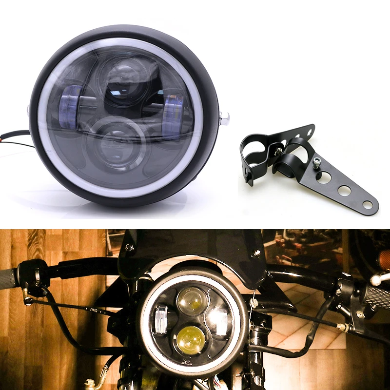 

Universal Motorcycle led Headlight DC 12V Scooter Head Lamp with Brackets Moto Round Headlamp Motor Retro Black LED Front Lights