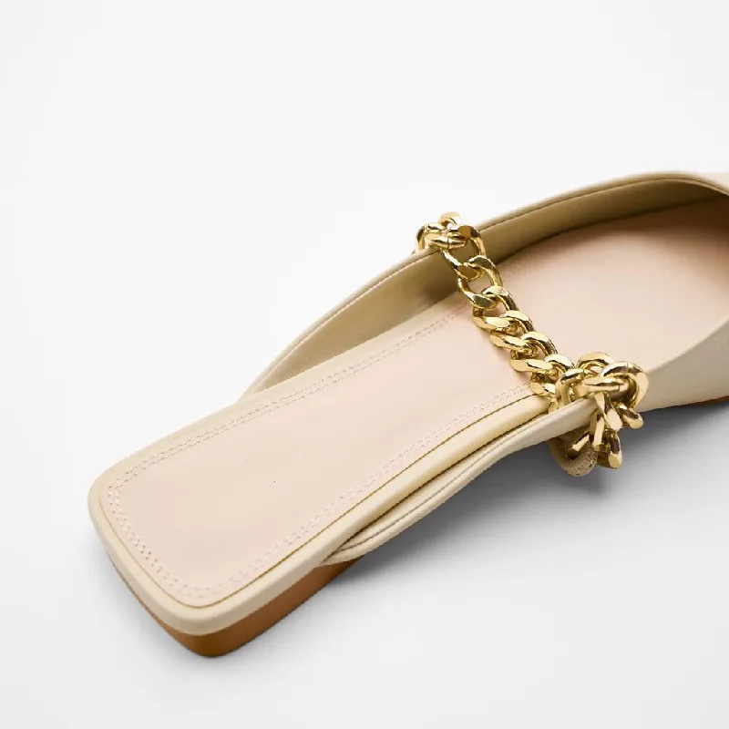 

SOUTHLAND Women's shoes 2020 new Mary Jane Mules shoes Chain decoration Flat half slippers sandals Single shoes