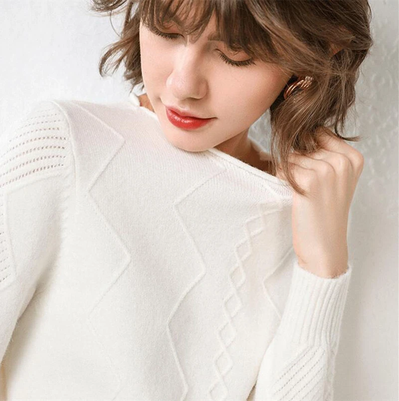 GCAROL New Women O Neck Curled Rhombic Sweater Fall Winter 30% Wool Cashmere Thick Jumper Stretch Warm OL Knitted Pullover S-3XL