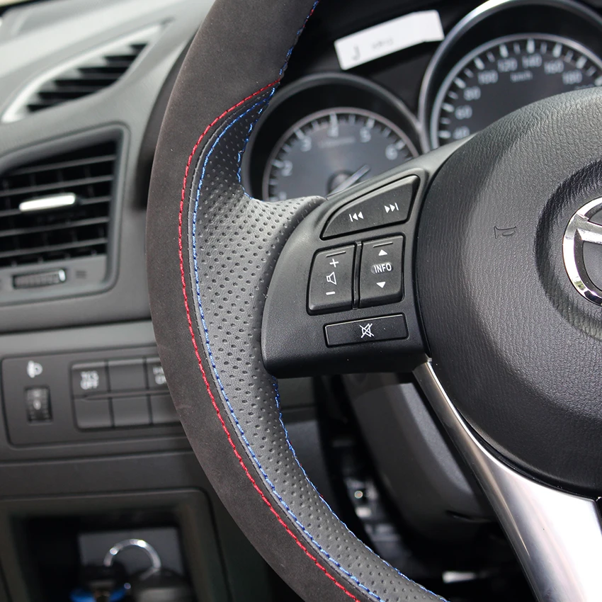 Чёрные накладки на руль из натуральной кожи и замши для Mazda 3 Axela 6 Atenza 2 CX-3 CX3 CX-5 CX5 Scion iA.