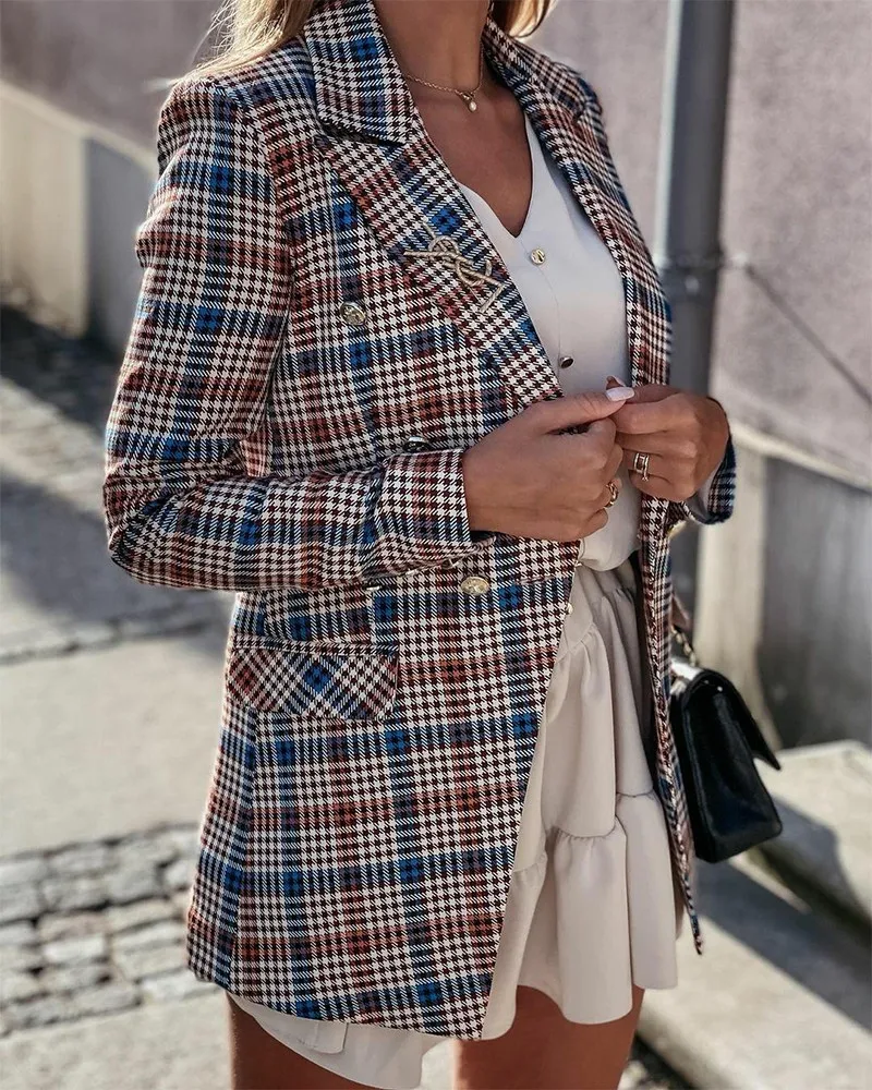 

Plaid Blazer Coat Women Lapel Collar Double Breasted Flap Detail Blazer