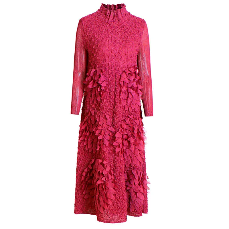

LANMREM Women Multicolor Blue Pleated Long Dress New Round Neck Long Sleeve Loose Fit Fashion Tide Spring Autumn 2021 2E1139