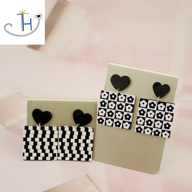 

THJ Bohemia Colorful Acrylic Flower Geometric Square Round Retro Black White Plaid Drop Earrings for Women Aesthetic jewelry