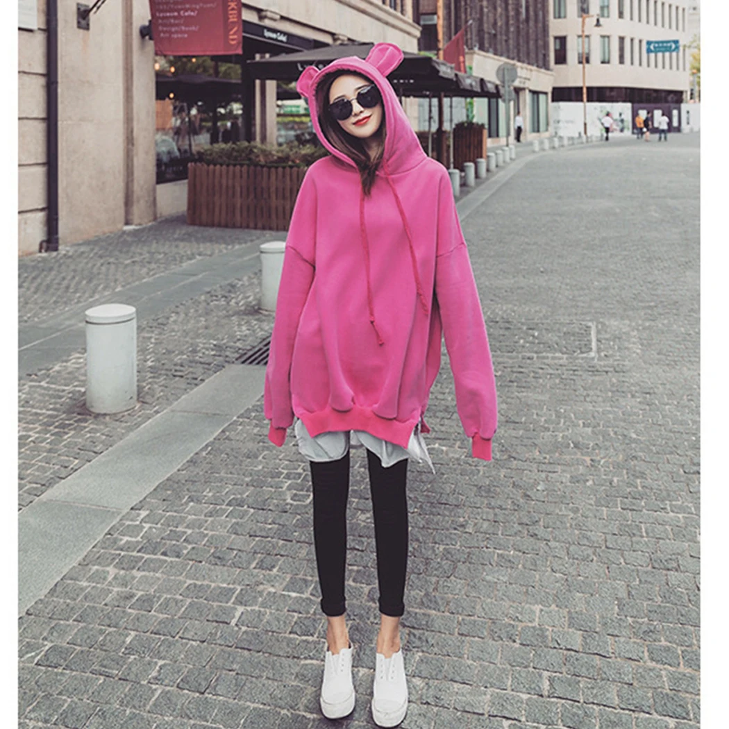 Женские негабаритные толстовки Харадзюку Топы каваи медведь уши толстовка с