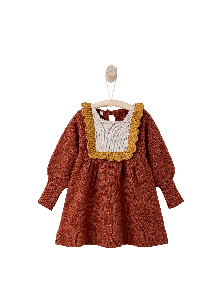 

2020Autumn and Winter New Contrasting Color Retro Caramel Color Woolen Dress Girl Kids Dresses for Girls Christmas Dress Girl
