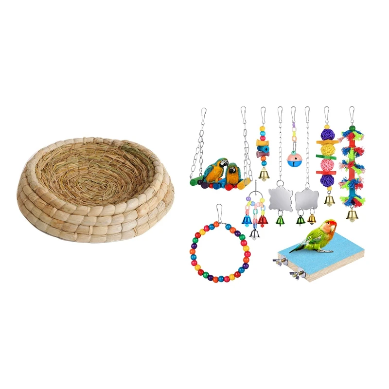 

Акция! 1 шт. плетеная вручную птичья гнездо кровать для кормления разведения дом и 10 шт. качели для птиц жевательные игрушки-гамак для попуга...
