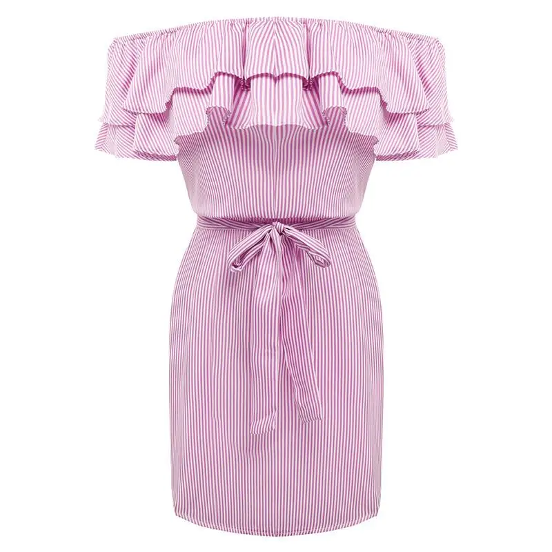 Women Dresses Striped Summer Ruffle Collar Dress Bandage Sundress Casual | Женская одежда