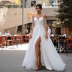 Изящные кружевные свадебные платья с V-образным вырезом и открытыми плечами, плиссированные пляжные платья с высоким разрезом для невесты, высокое качество, индивидуальный пошив