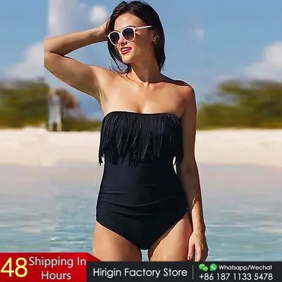 Женские цельные костюмы женские пляжные черного цвета без бретелек с кисточками