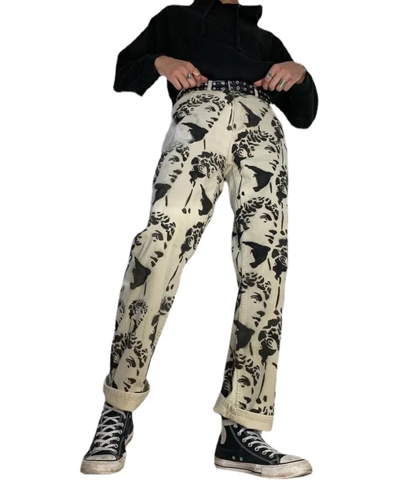 New Jeans Men's Trousers Loose Bleached Washed Straight Tie-dyed Offset Printing Denim Trousers  Fashion Mens Jeans