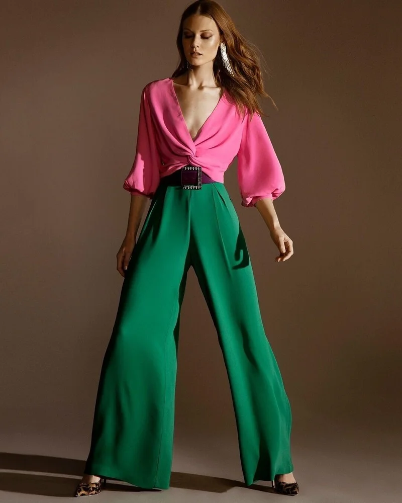 2023 Women's Two-Piece Set Summer Temperament Suit Long Sleeve V-neck Slim Bicolor Tops and Wide Leg Pants Goddess Plus Size