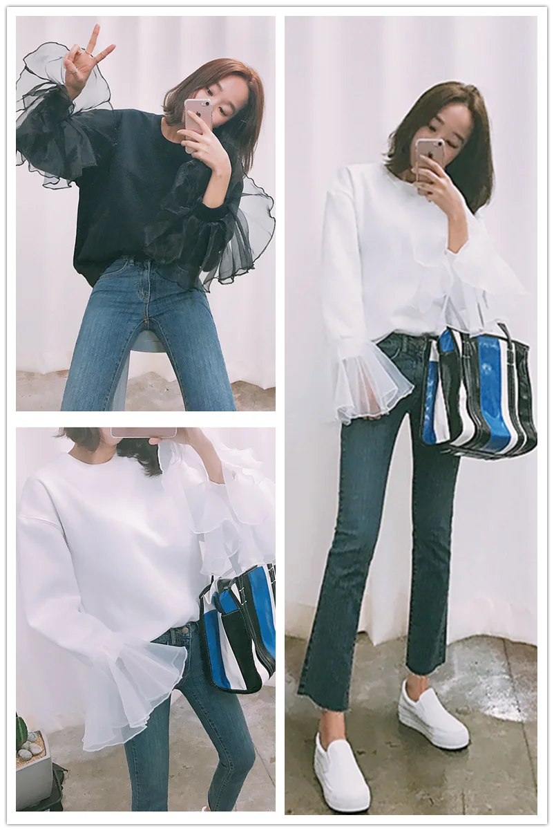 

IEQJ 2021 new spring and summer fashion women clothes round neck flare sleeves chiffon pullover sweatshirt female top WP20901