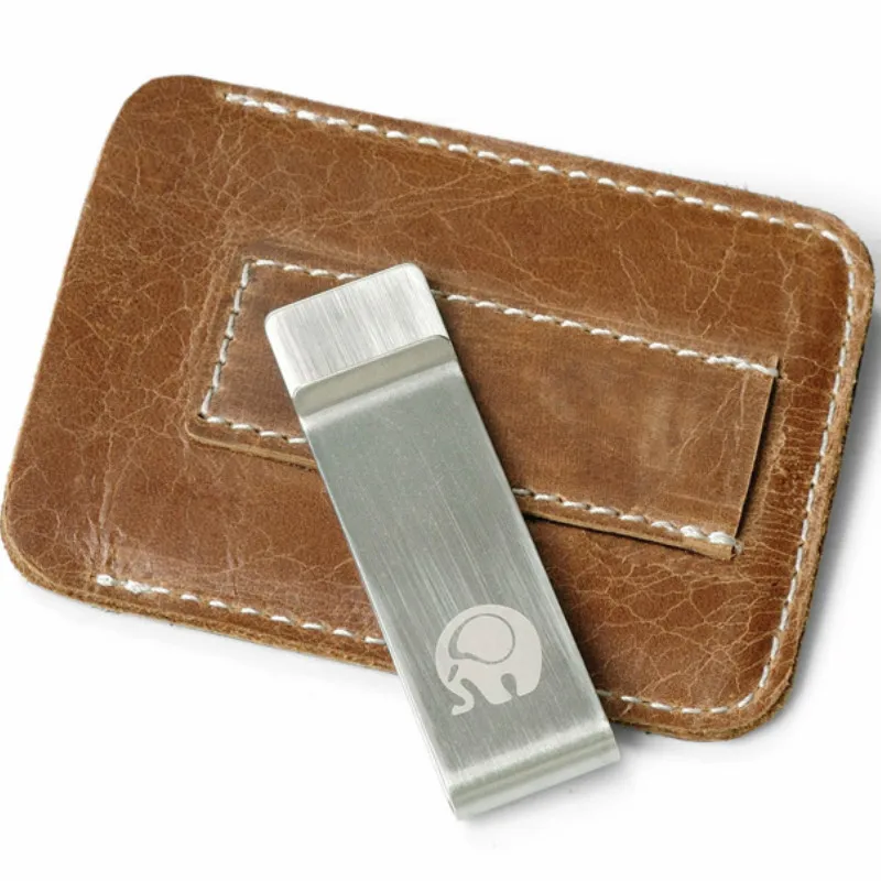Зажим для денег из натуральной кожи металлический мужской карточный пакет