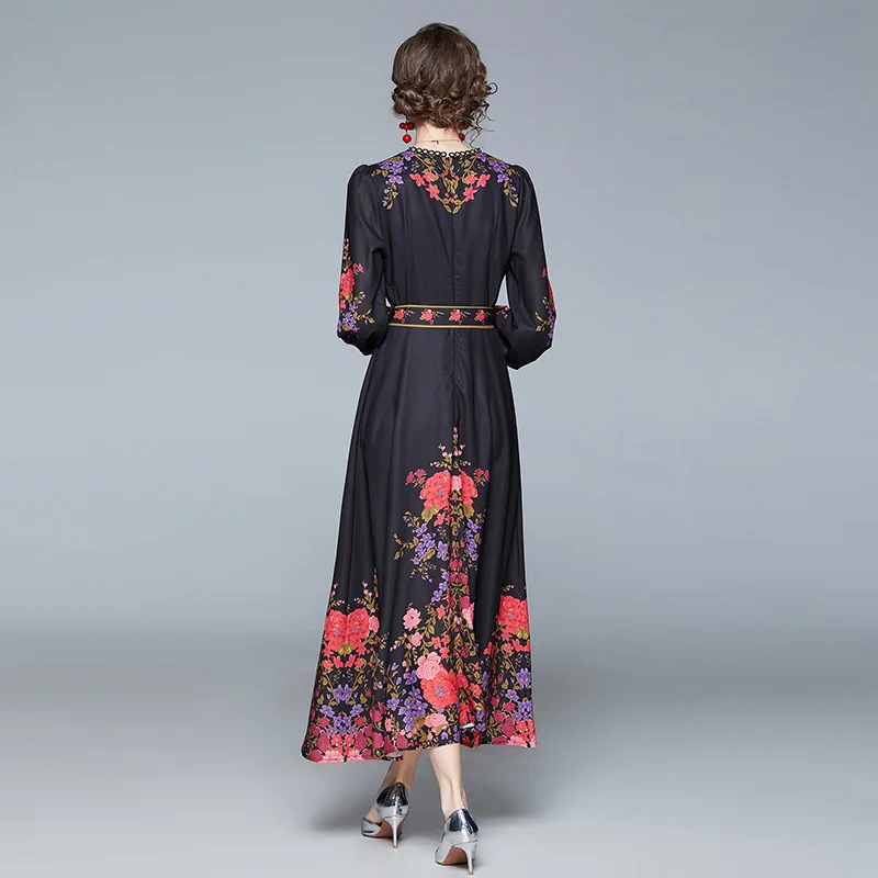 

High quality women Spring Autumn Muslim national style Femal Ladies Casual streetwear femme fashion brand dress print Retro Robe