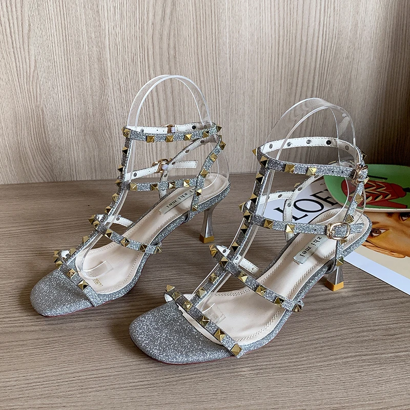 

Brand 2020 Fashion Women Sandals Female rivet stiletto Shoes High Heel Sequins cozy dress Sexy party sandalias mujer 2020