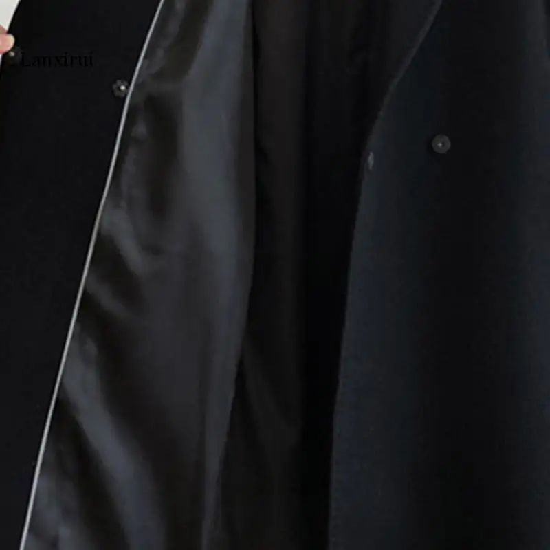 

Women's Clothing fashion Women Jacket loose belt long overcoat female casual wool Coat Autumn Winter Black woolen Coat