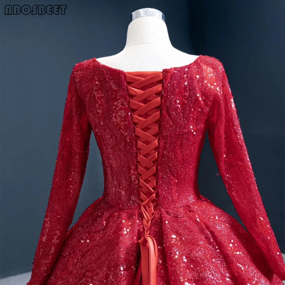 

Long Sleeve Ball Gown Prom Dress with Train Shining Sequins Puffy Evening Party Gown Women Wear Scoop Collar Lace Up Back