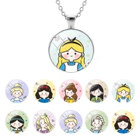 disney hand painted princesses cute lovely figure image glass dome chain pendant necklace for decoration cabochon jewelry fwn369