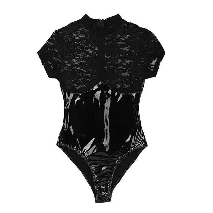 

Women See Through Jumpsuit Sexy Mesh Lingerie Glossy Faux Leather Transparent Lace Bodysuit Erotic Latex Breast Exposing Bodycon