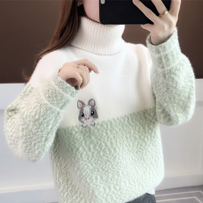 

Turtleneck Thicken Warm Women Sweater Cartoon Embroidery Long-Sleeved Casual All Match Female Pulls Outwear Coats Tops
